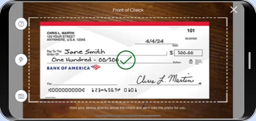 Bank of America check camera capturing the front of a check