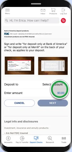 Bank of America deposit form with amount highlighted