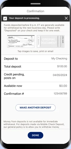 Bank of America deposit confirmation screen