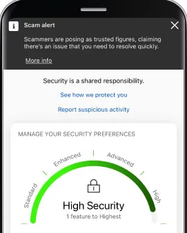 Bank of America security center with scam alert and security gauge