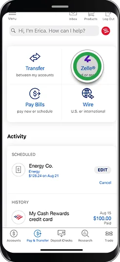 Bank of America Pay and Transfer menu with Zelle highlighted