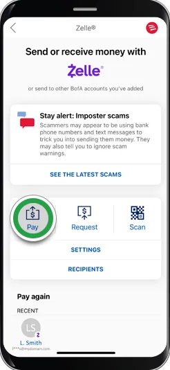Bank of America Zelle home with scam alert
