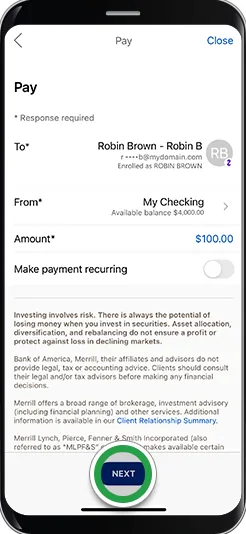 Bank of America Zelle payment form