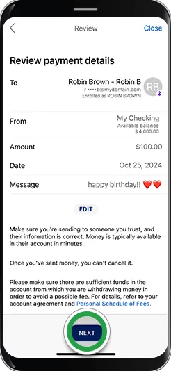 Bank of America Zelle review screen