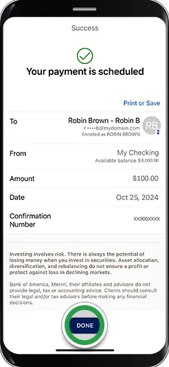 Bank of America Zelle payment scheduled confirmation