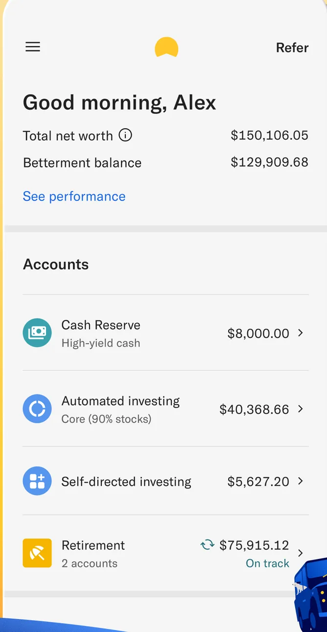 Betterment home screen with accounts list