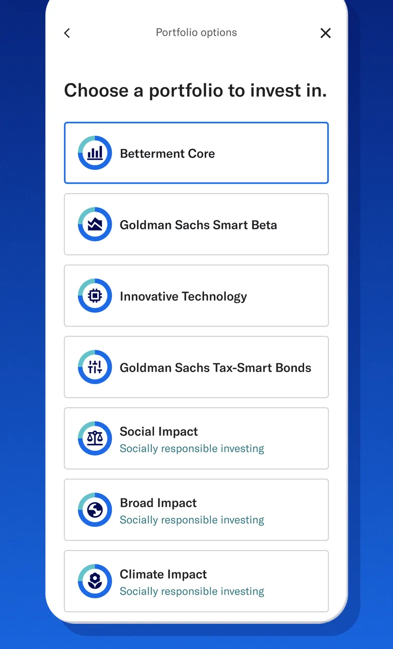 Betterment portfolio options list