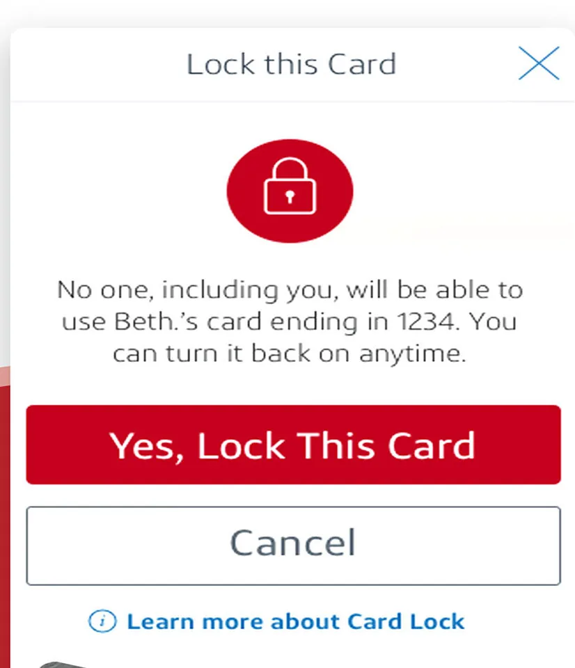 Capital One lock this card confirmation dialog