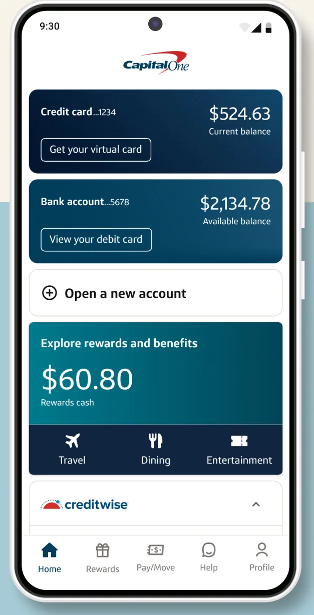 Capital One home screen with card and bank account tiles