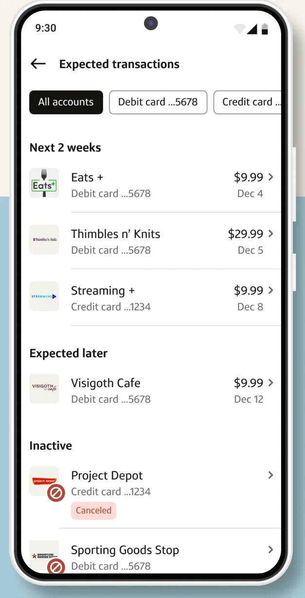 Capital One expected transactions and subscriptions list