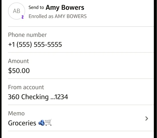 Zelle review form for $50.00