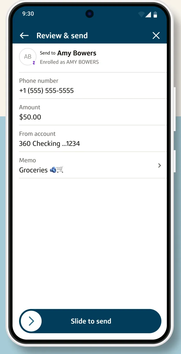 Capital One Zelle review and send screen