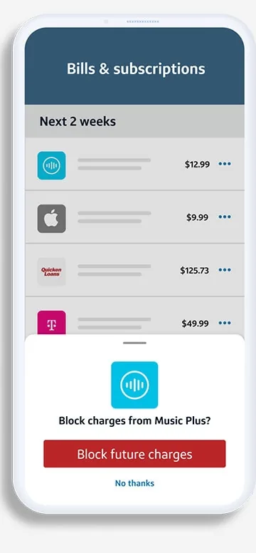 Capital One bills and subscriptions with block charges sheet