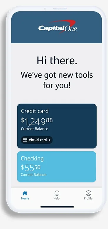 Capital One home screen with credit card and checking tiles
