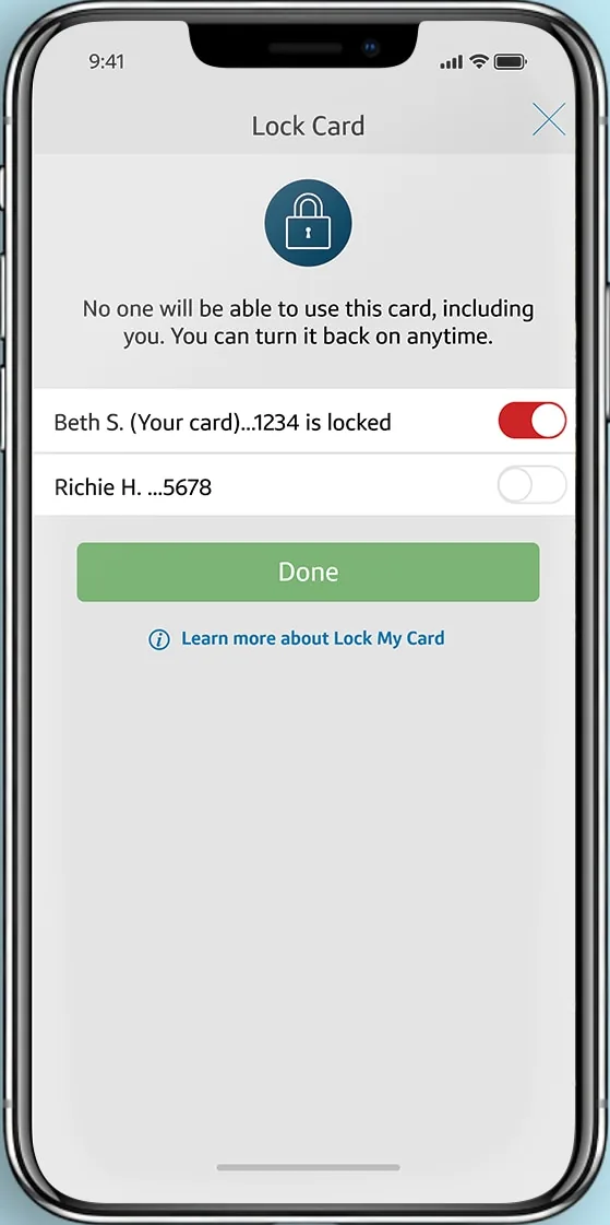 Capital One Lock Card screen with toggle on