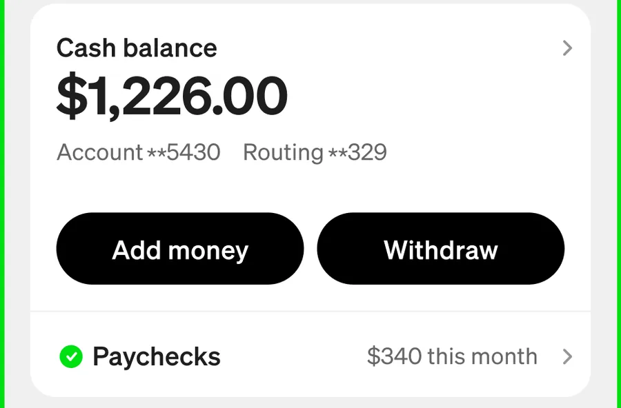 Cash balance $1,226.00 with Add money and Withdraw