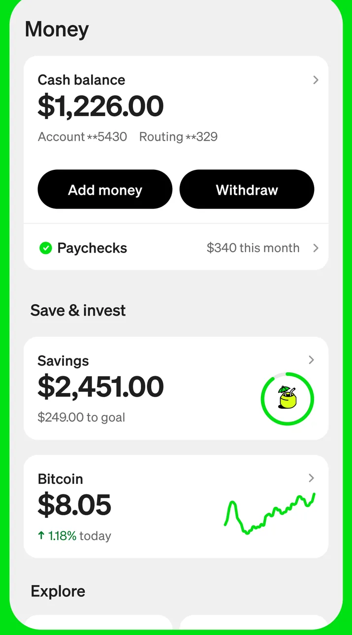 Cash App Money tab with cash balance and savings