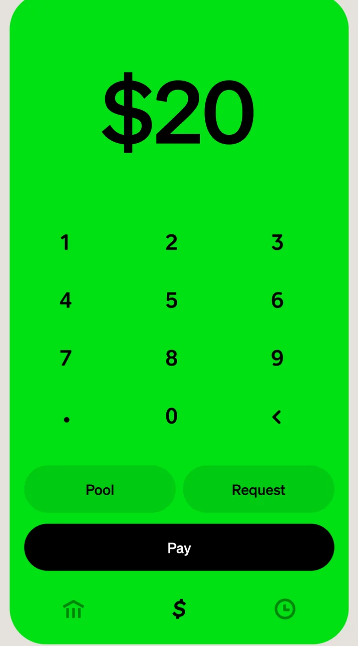 Cash App keypad with $20 and Pay button