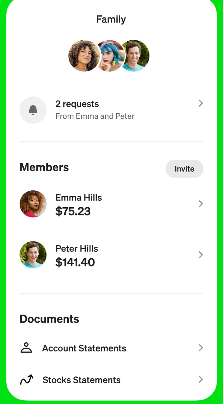 Cash App family members screen