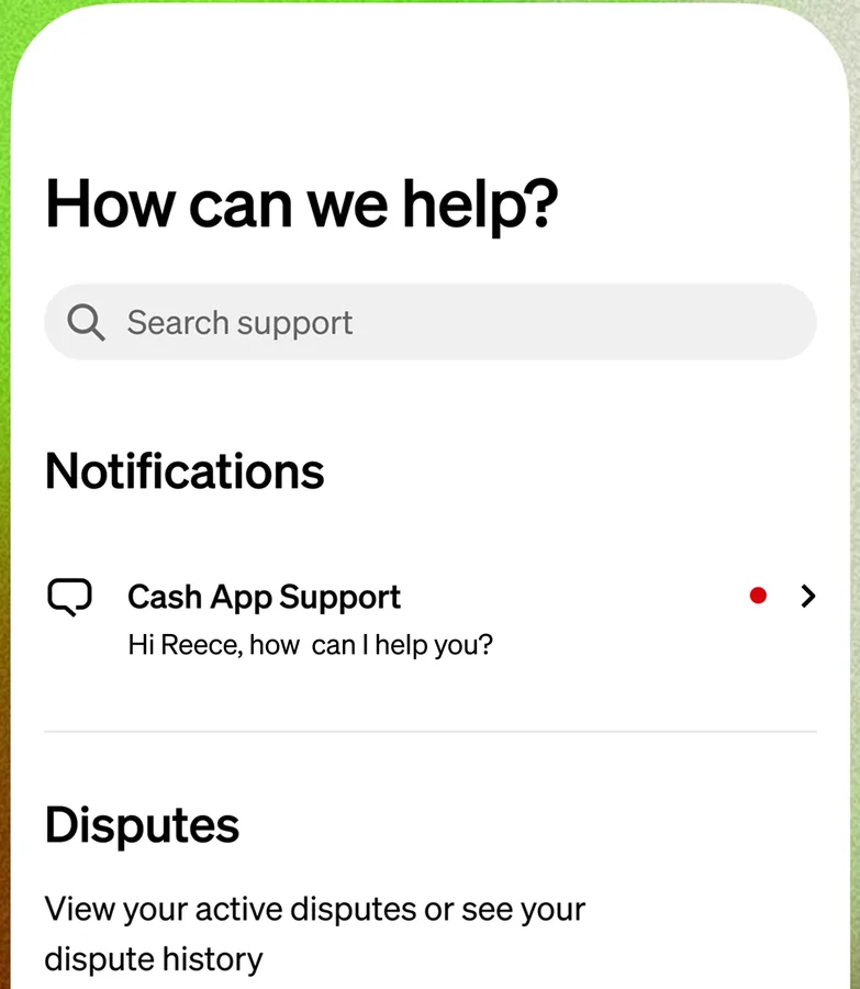 Cash App help and support screen