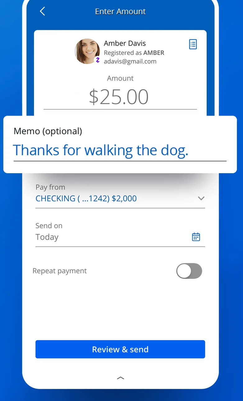 Chase app send money form with $25.00 amount and Review and send button