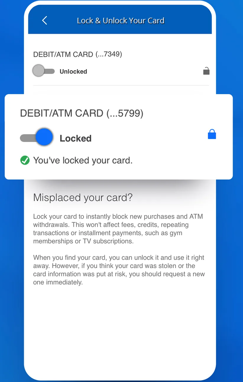 Chase app lock and unlock card screen