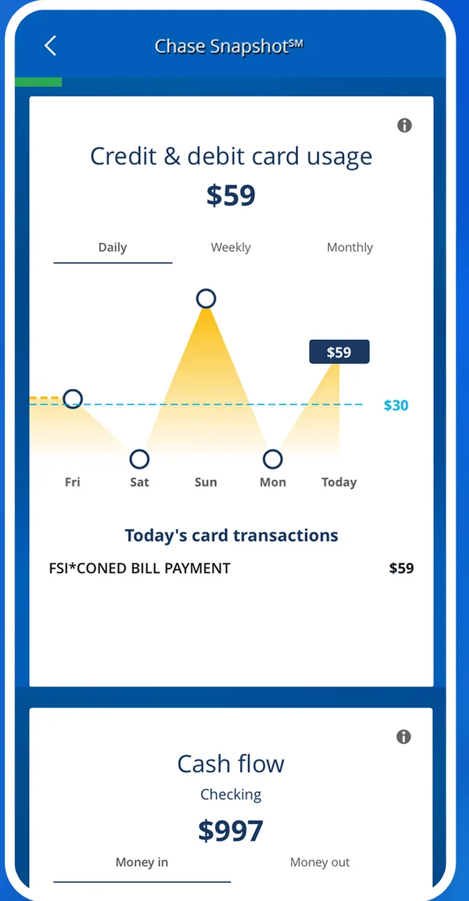 Chase Snapshot screen with card usage chart and cash flow