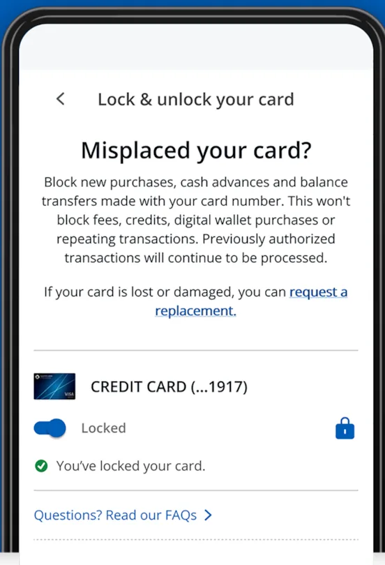 Chase help page lock and unlock card screen