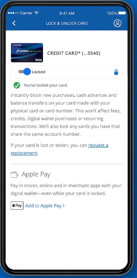 Chase lock and unlock card screen