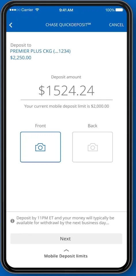 Chase QuickDeposit amount and photo boxes