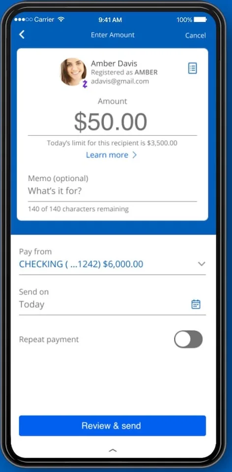 Chase send money enter amount screen