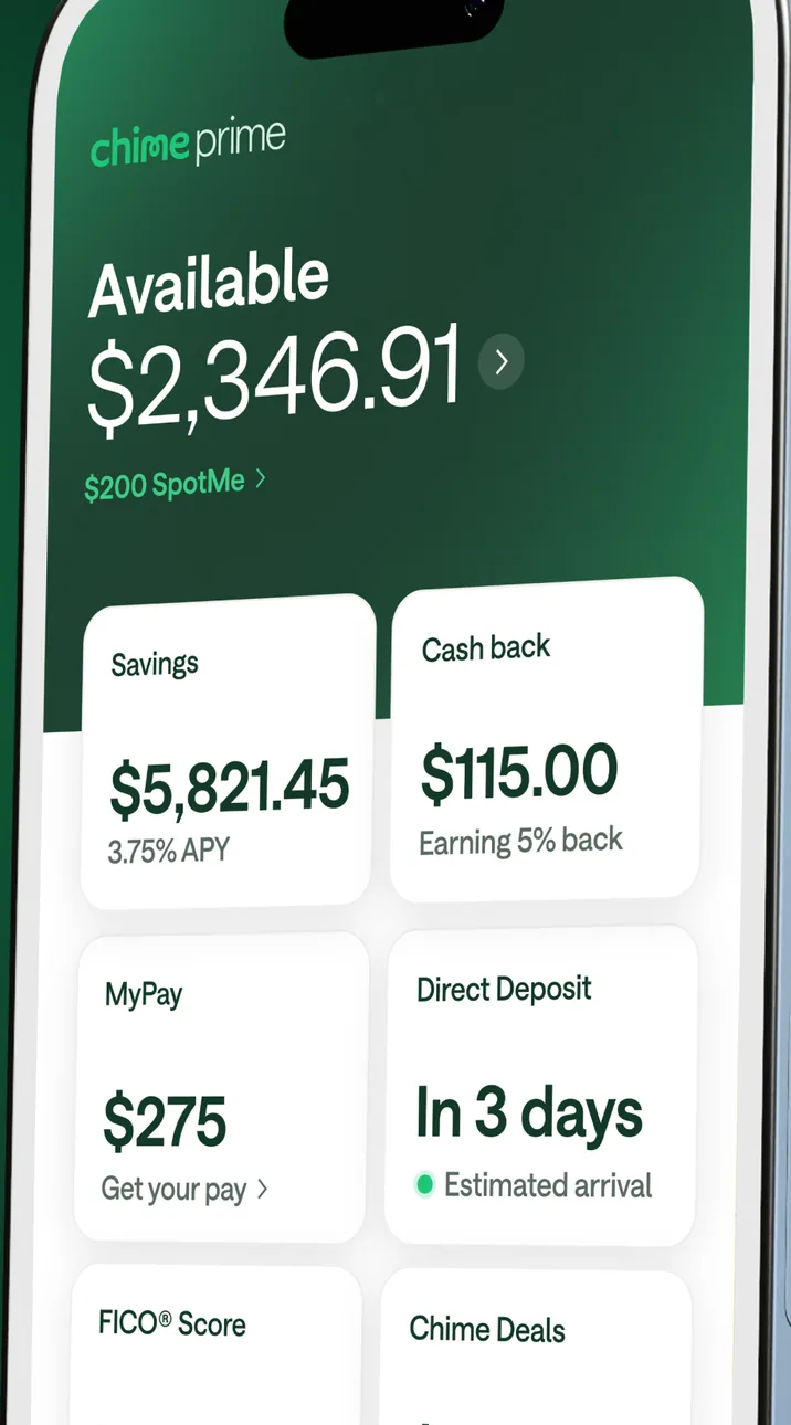 Chime home screen with available balance and tiles