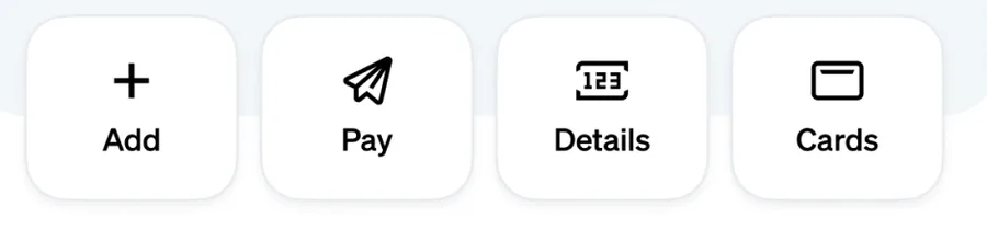 Add, Pay, Details and Cards buttons