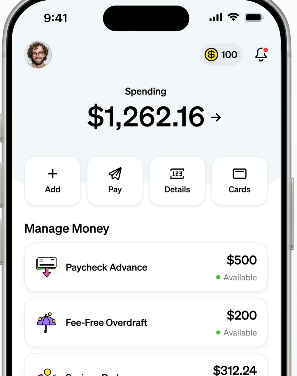 Current app home screen with spending balance