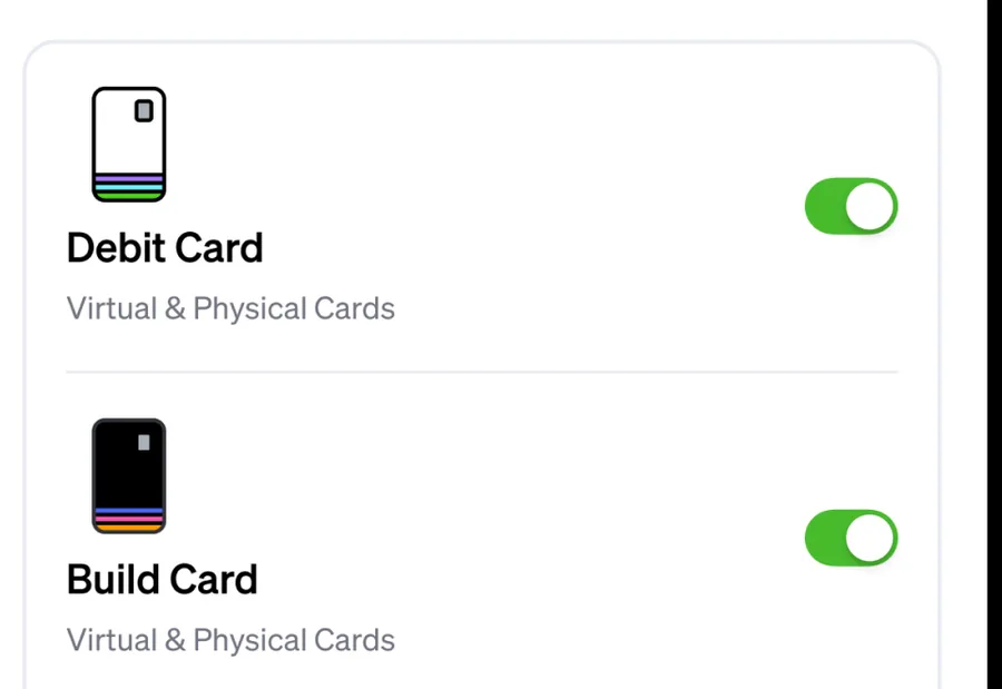 Overdraft toggles for Debit Card and Build Card