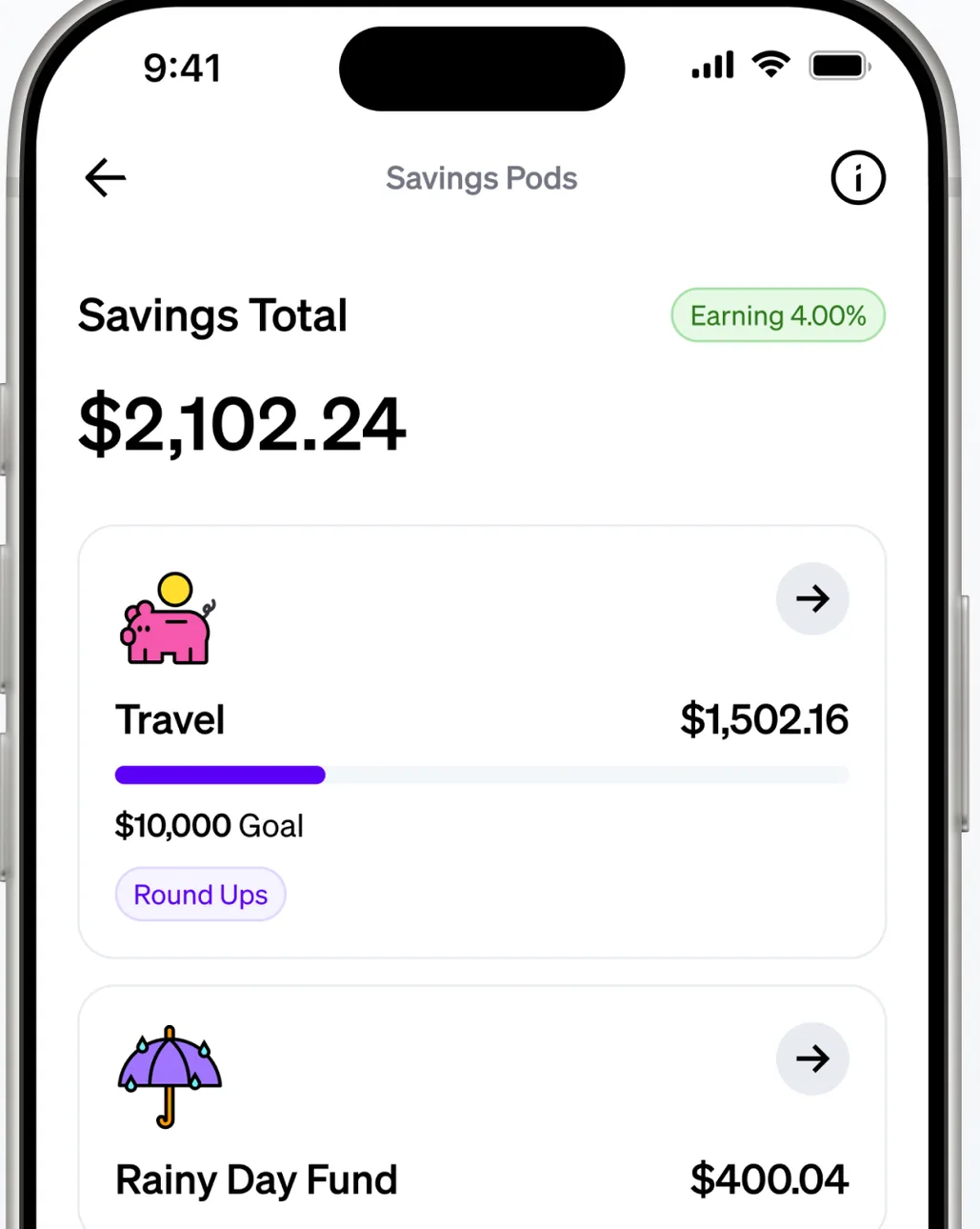 Current Savings Pods screen