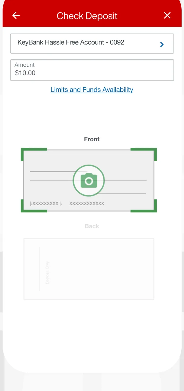 KeyBank check deposit screen with front photo box
