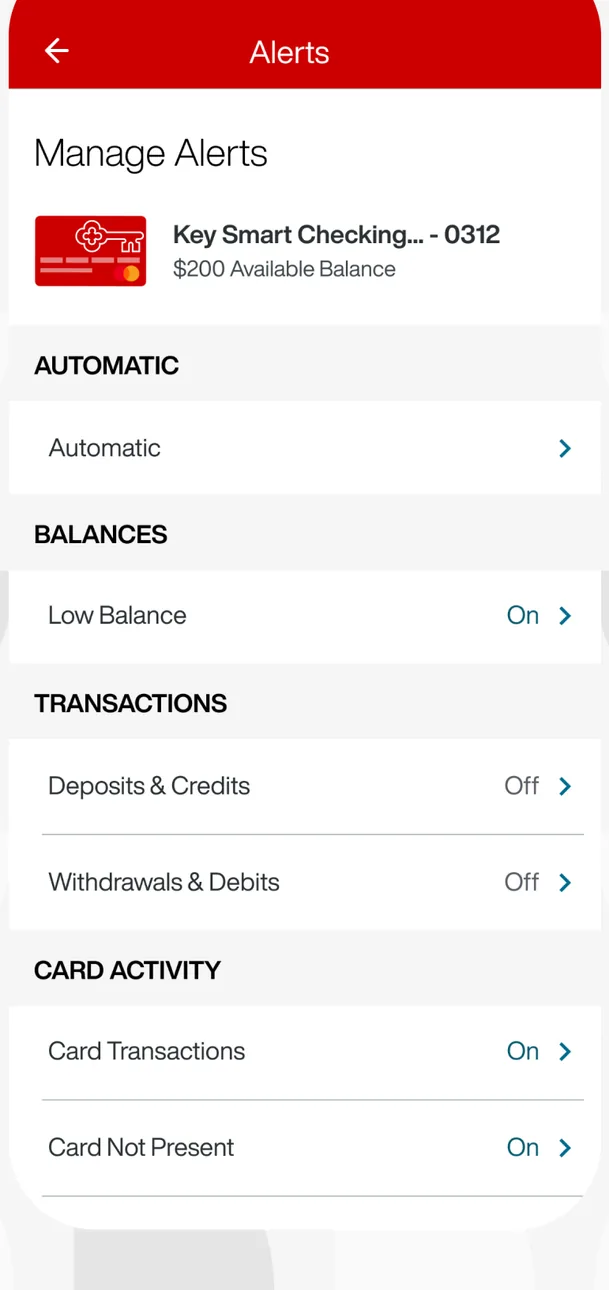 KeyBank manage alerts settings list
