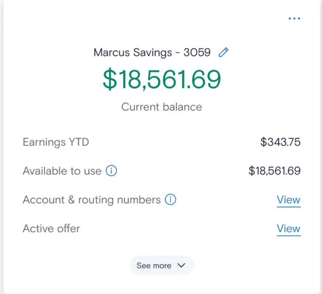 Savings balance card showing $18,561.69