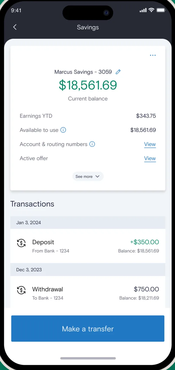 Marcus savings account detail with transactions
