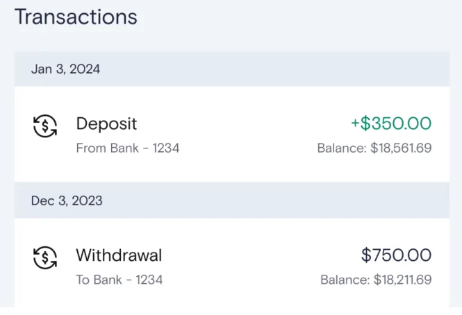 Transaction list with a deposit and a withdrawal