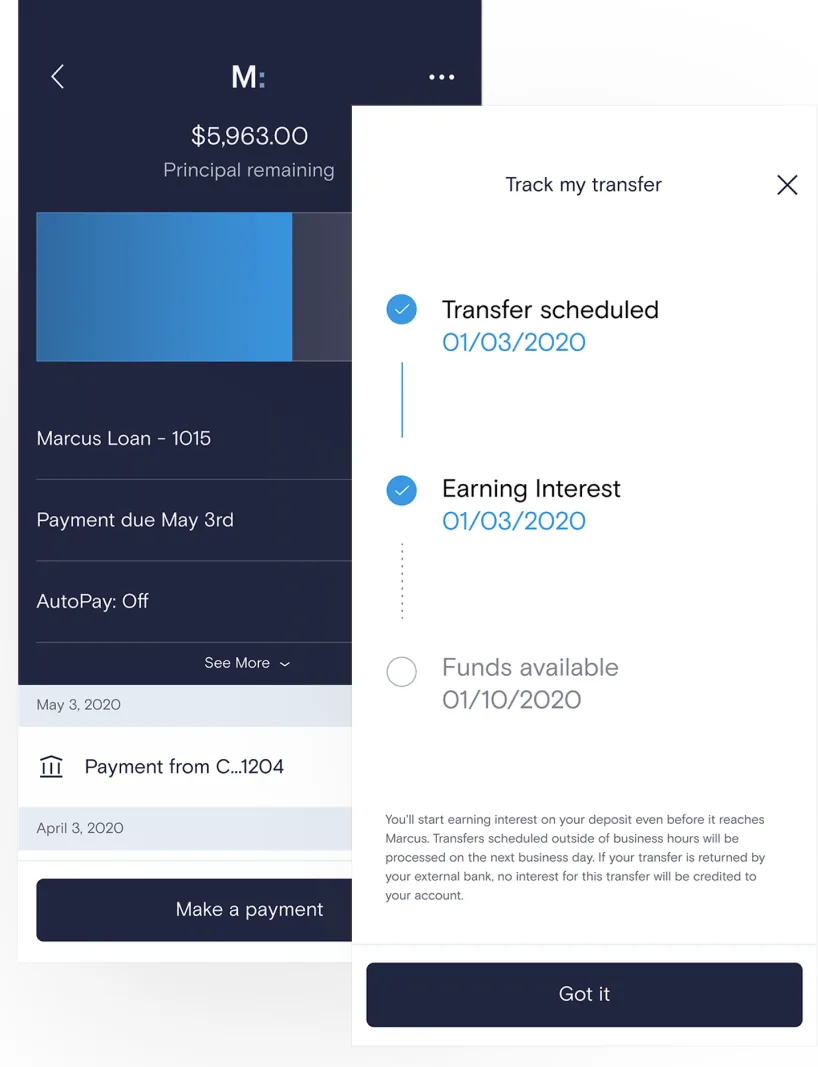 Marcus loan screen with Track my transfer panel