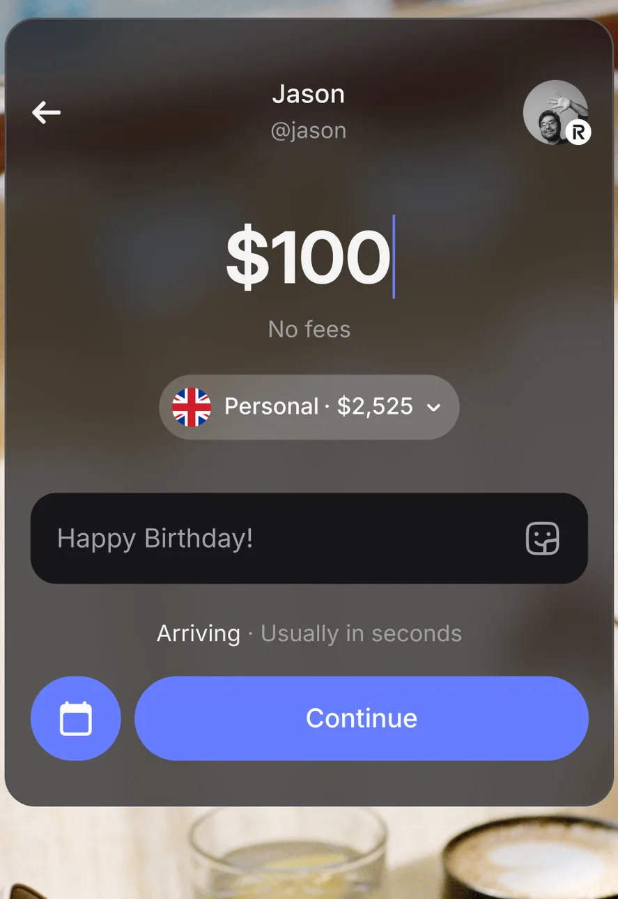 Revolut send $100 screen with note and Continue