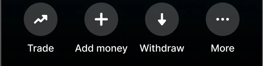 Trade, Add money, Withdraw and More buttons