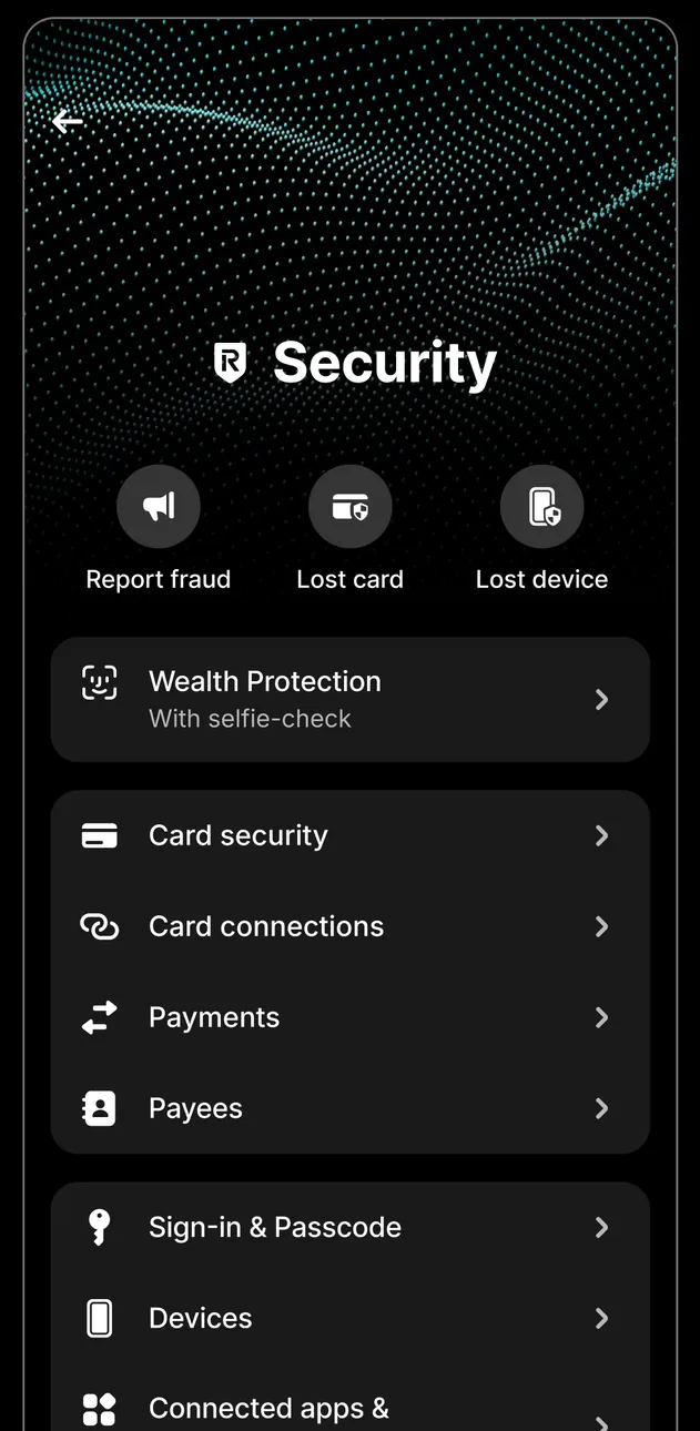 Revolut security settings hub