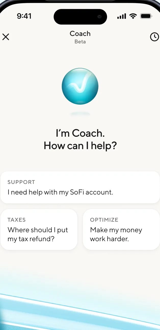 SoFi Coach assistant start screen
