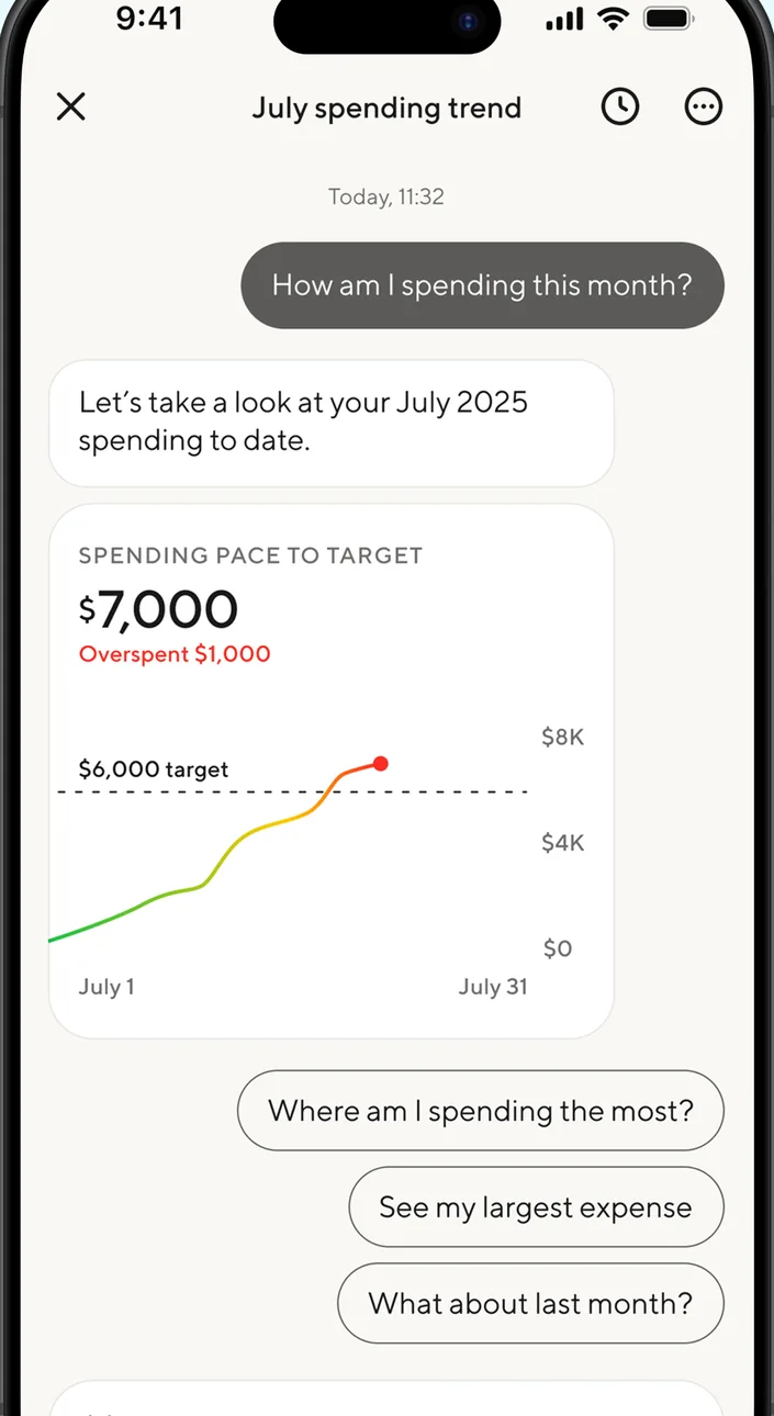 SoFi Coach chat with spending pace chart
