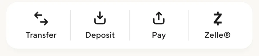 Transfer, Deposit, Pay and Zelle buttons