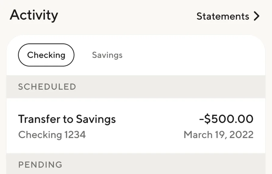 Activity list with a scheduled transfer