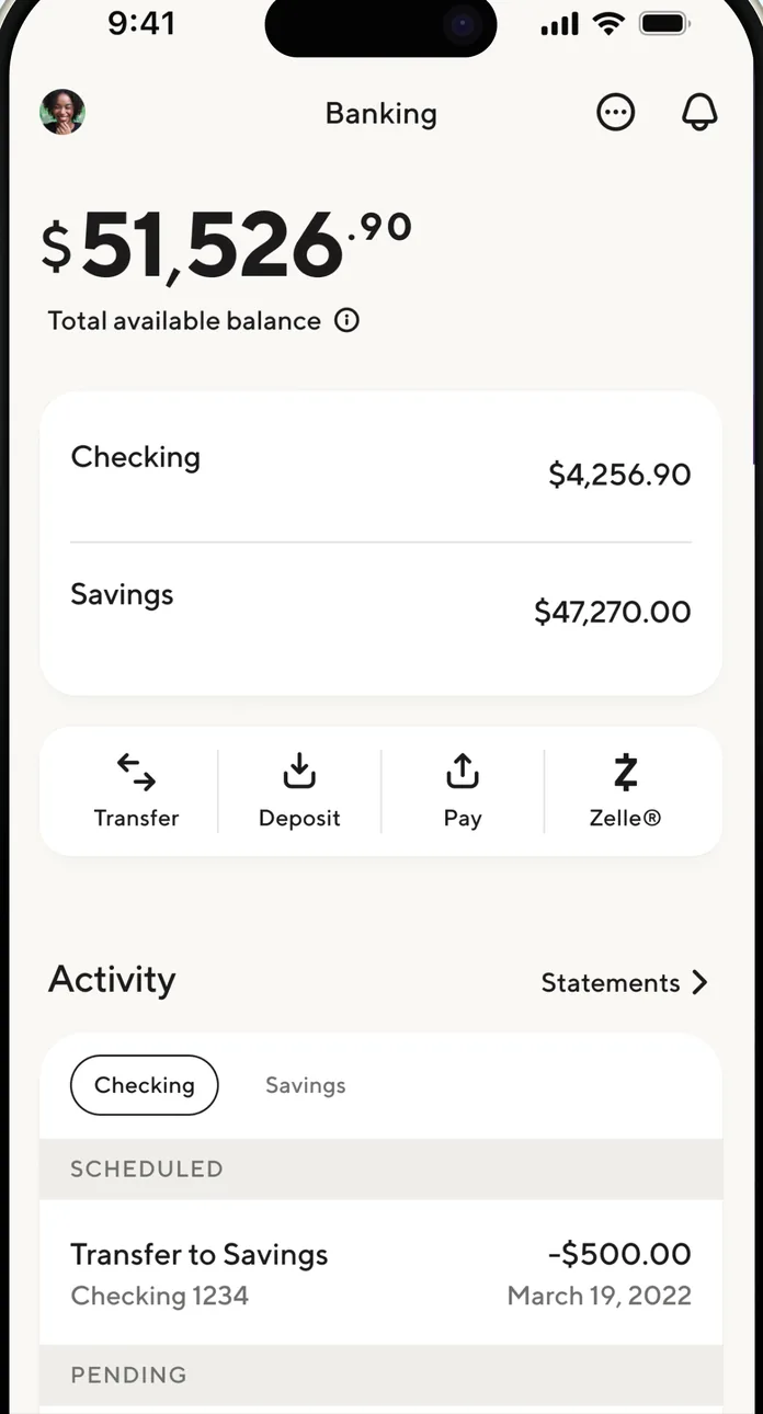 SoFi banking overview with balances and actions